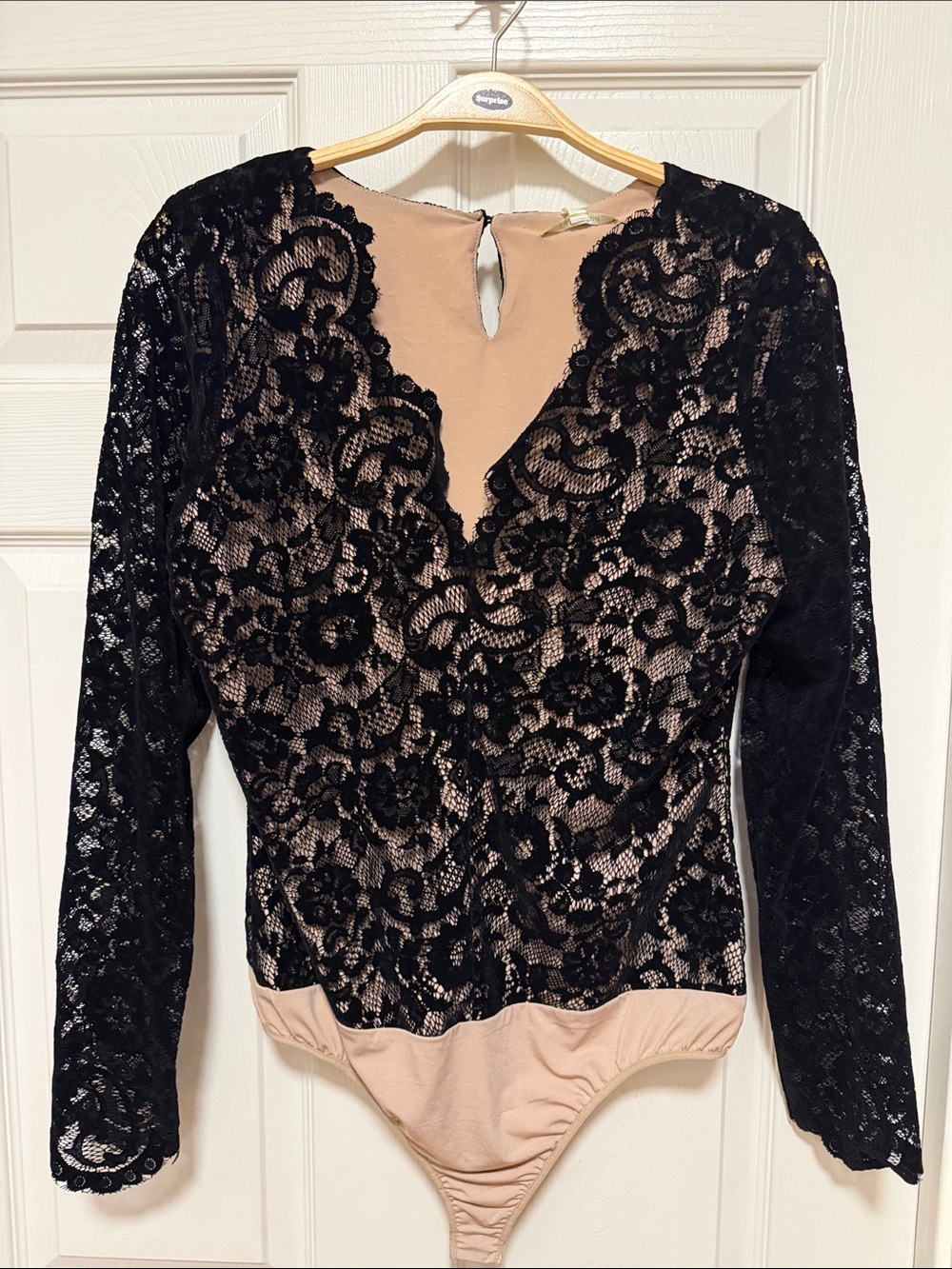 Gianni Bini Black Lace Bodysuit with Nude Lining